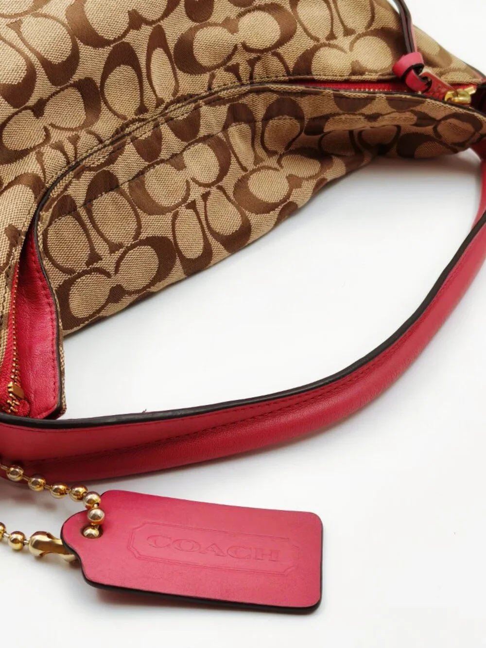 Coach Signature C Jacquard Hobo Shoulder Bag Brown Pink Leather Trim